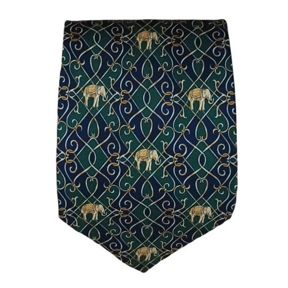 BURBERRYS Green Geometric Elephant Silk Tie HANDMADE  ENGLAND 60"/ 3.6" EC - Picture 1 of 7